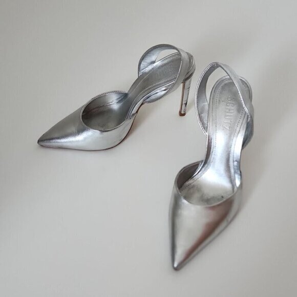 SCHUTZ | Lou Sling Metallic Leather Pumps heels silver sz 6.5B - Picture 2 of 5